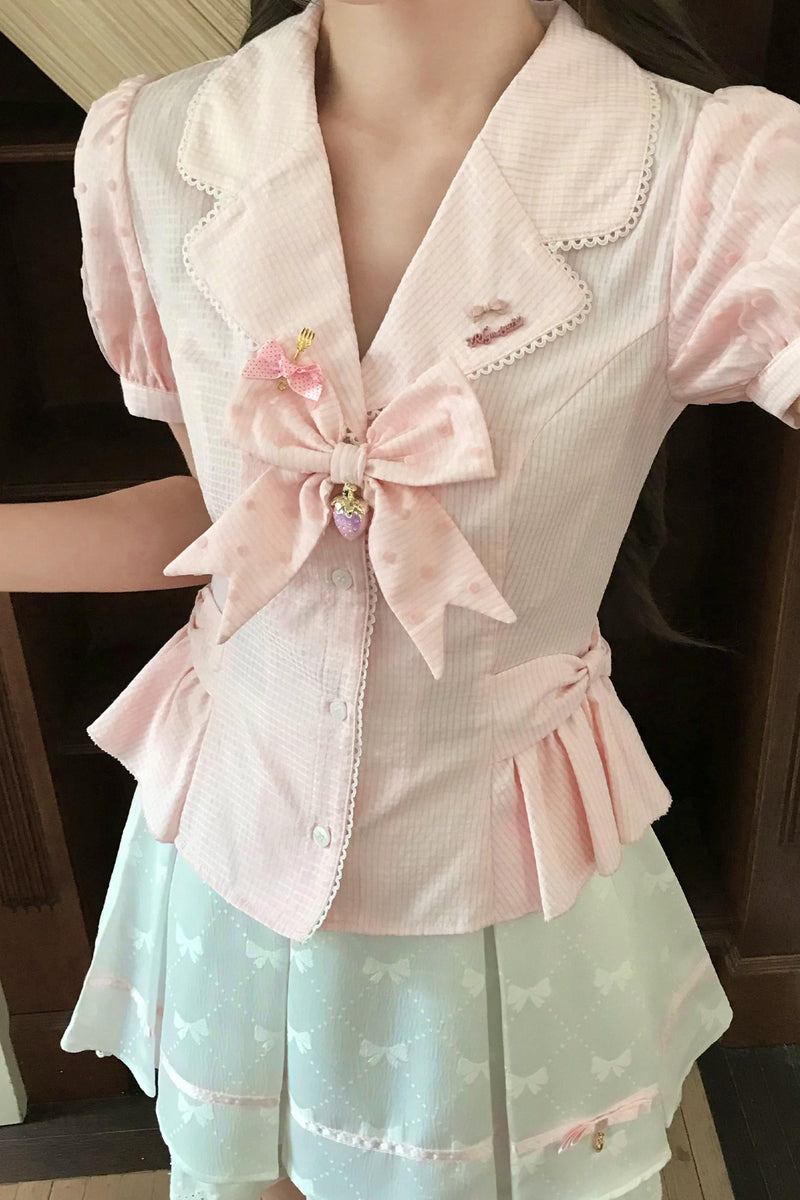 ストロベリーピンクポルカドットブラウス+スカート