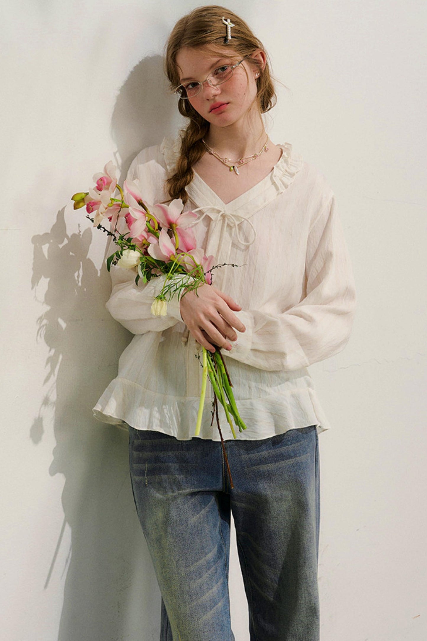 Striped Lace Sleeve Blouse