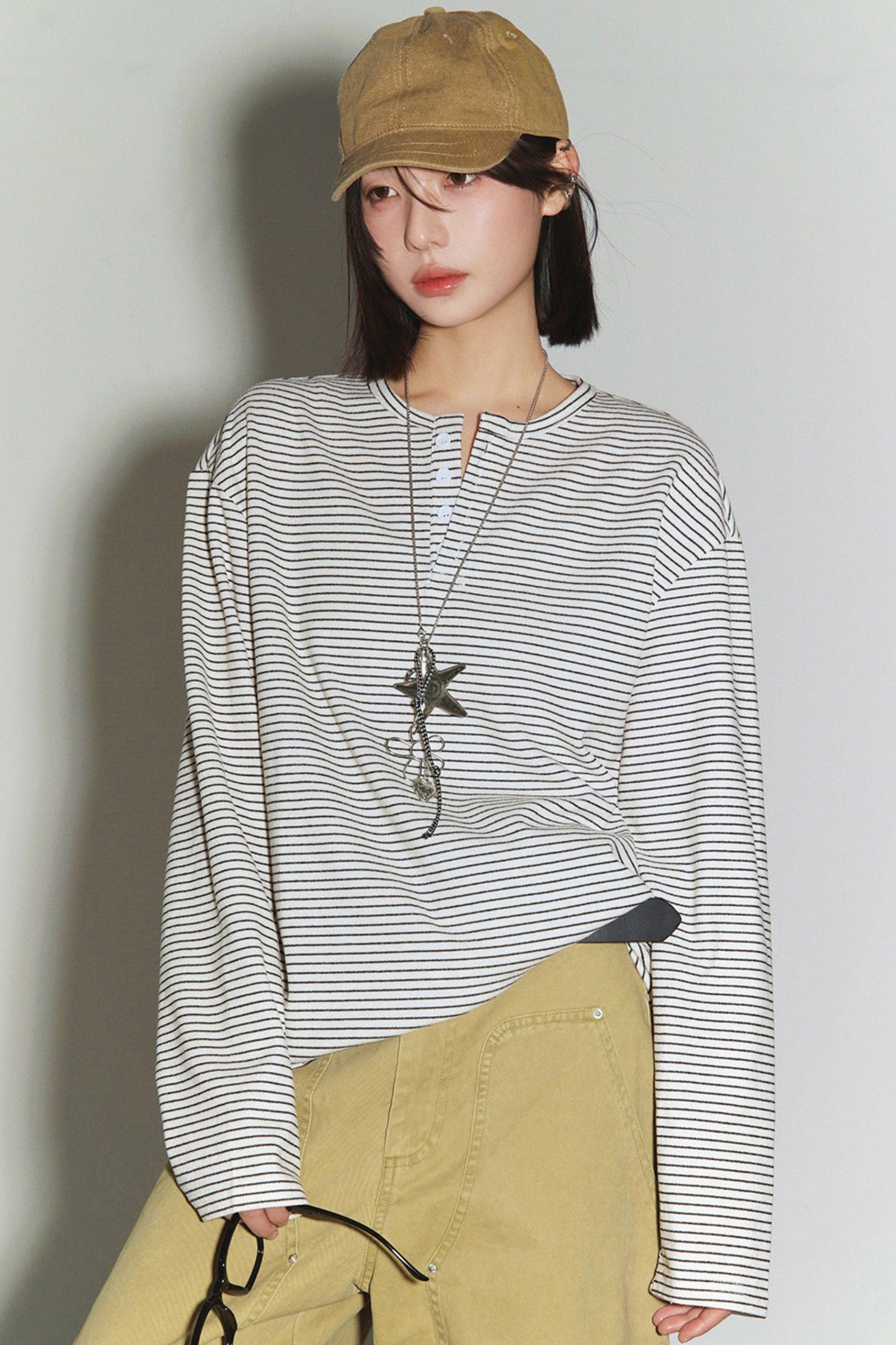 Loose Striped Button Neck Top