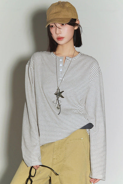 Loose Striped Button Neck Top