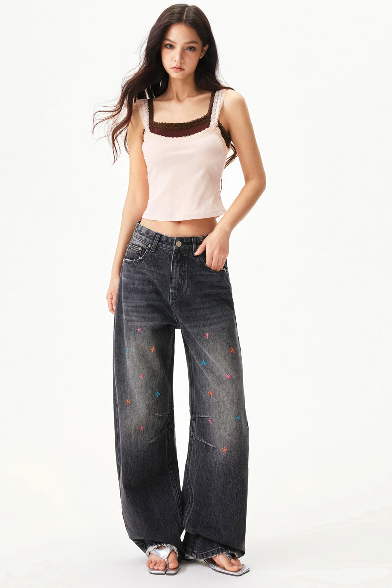 Star Print Lace Trim Tank Top