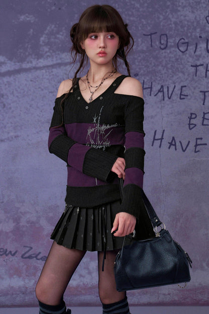 Black and Purple Off Shoulder Top