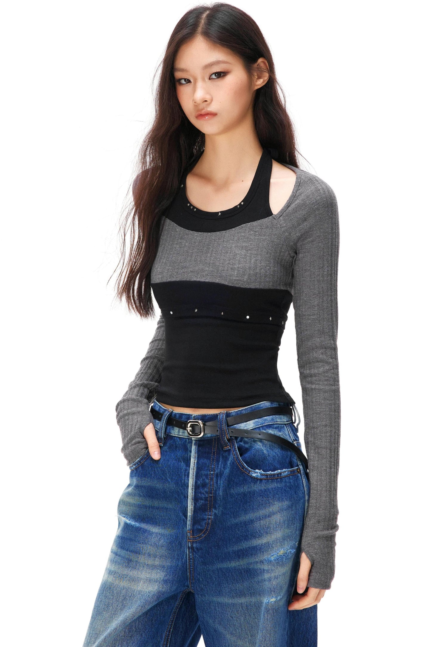 Rhinestone Layered Knit Top