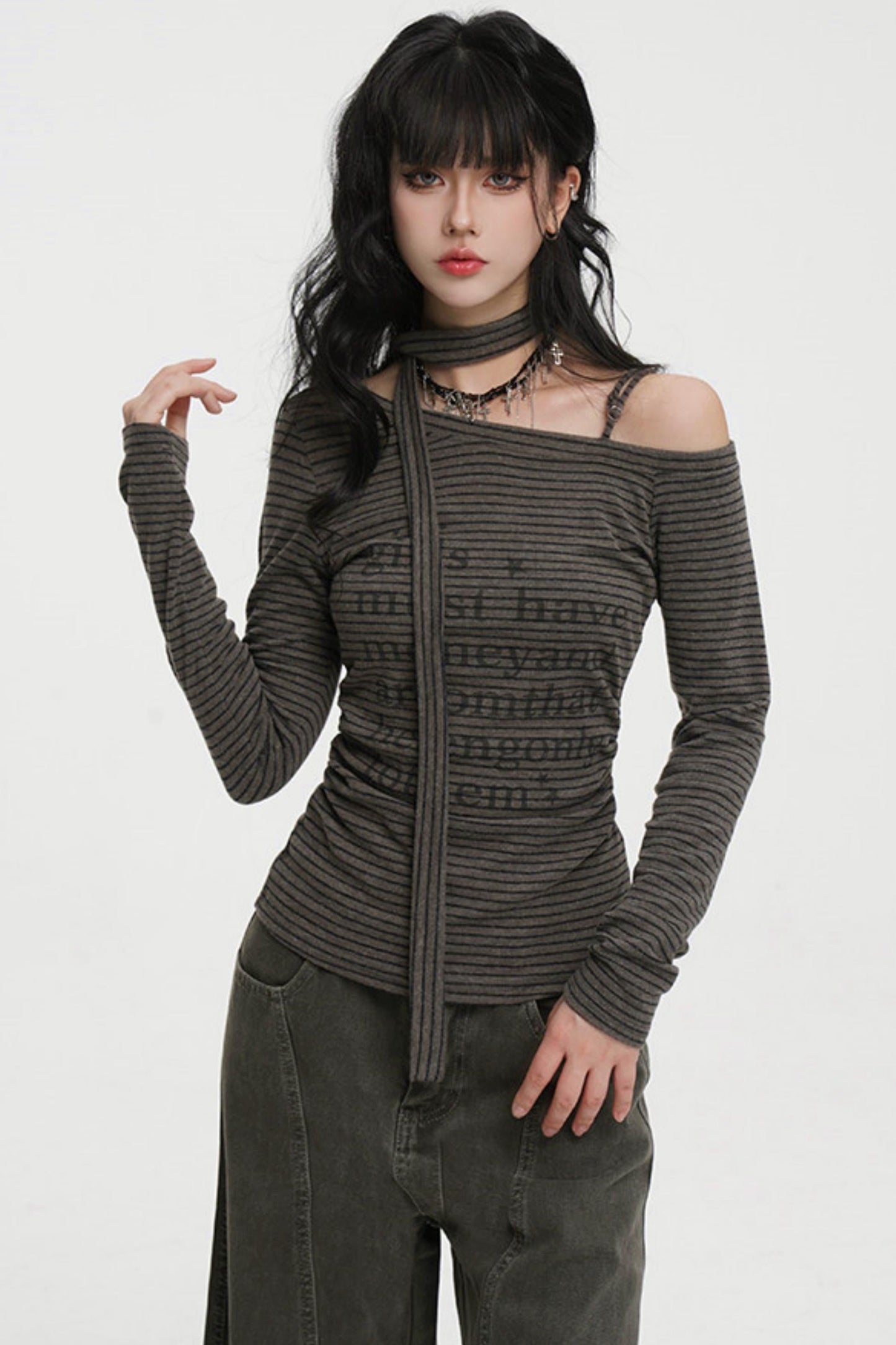 Striped One-shoulder Tie-neck Top