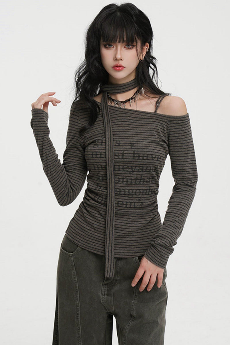 Striped One-shoulder Tie-neck Top