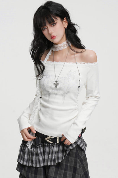 Dark Lace Off-shoulder Top (with Lace Long Scarf)