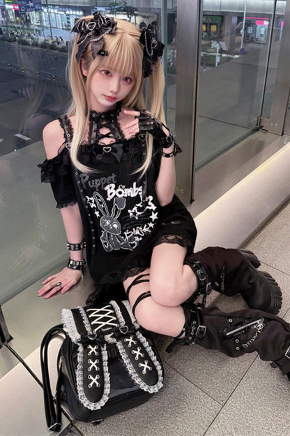 Lace-up Dark Kawaii T-shirt + Skirt + Bag + Hair Accessories