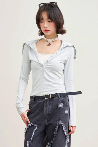 Folded Collar Cut Out Neck Top