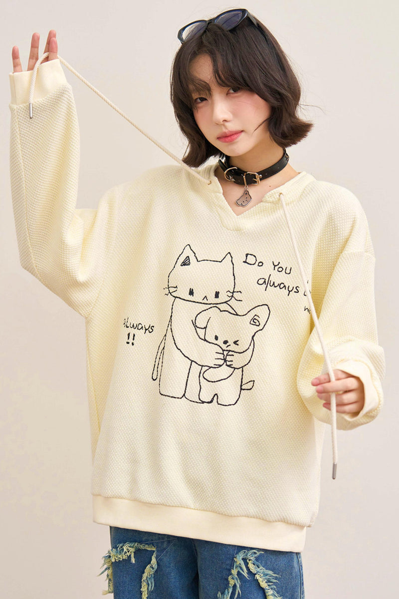 Cat Loose V Neck Sweatshirt
