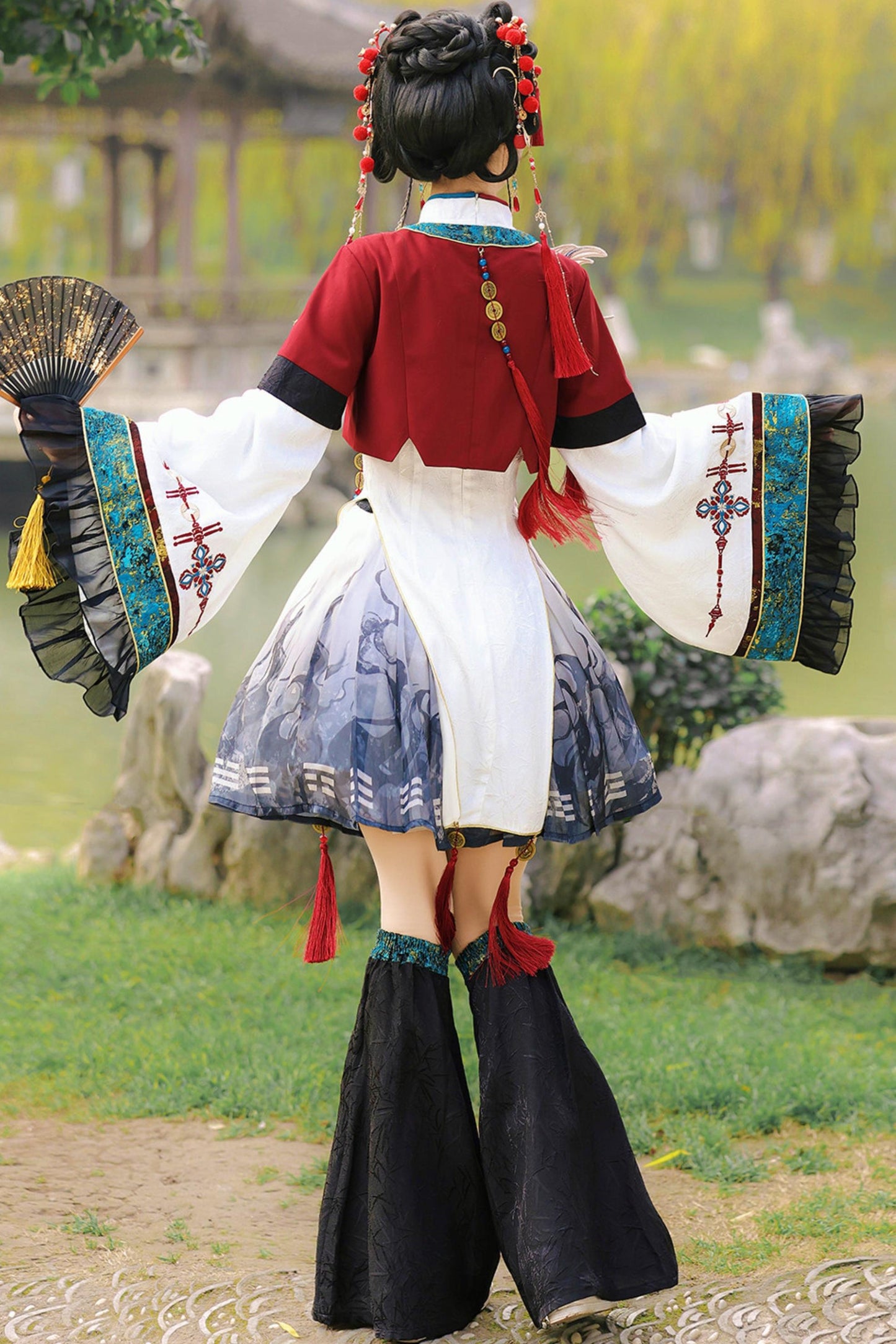 Cyber Chinese Fantasy Lolita Dress + Top + Outerwear + Skirt + Leg Warmers