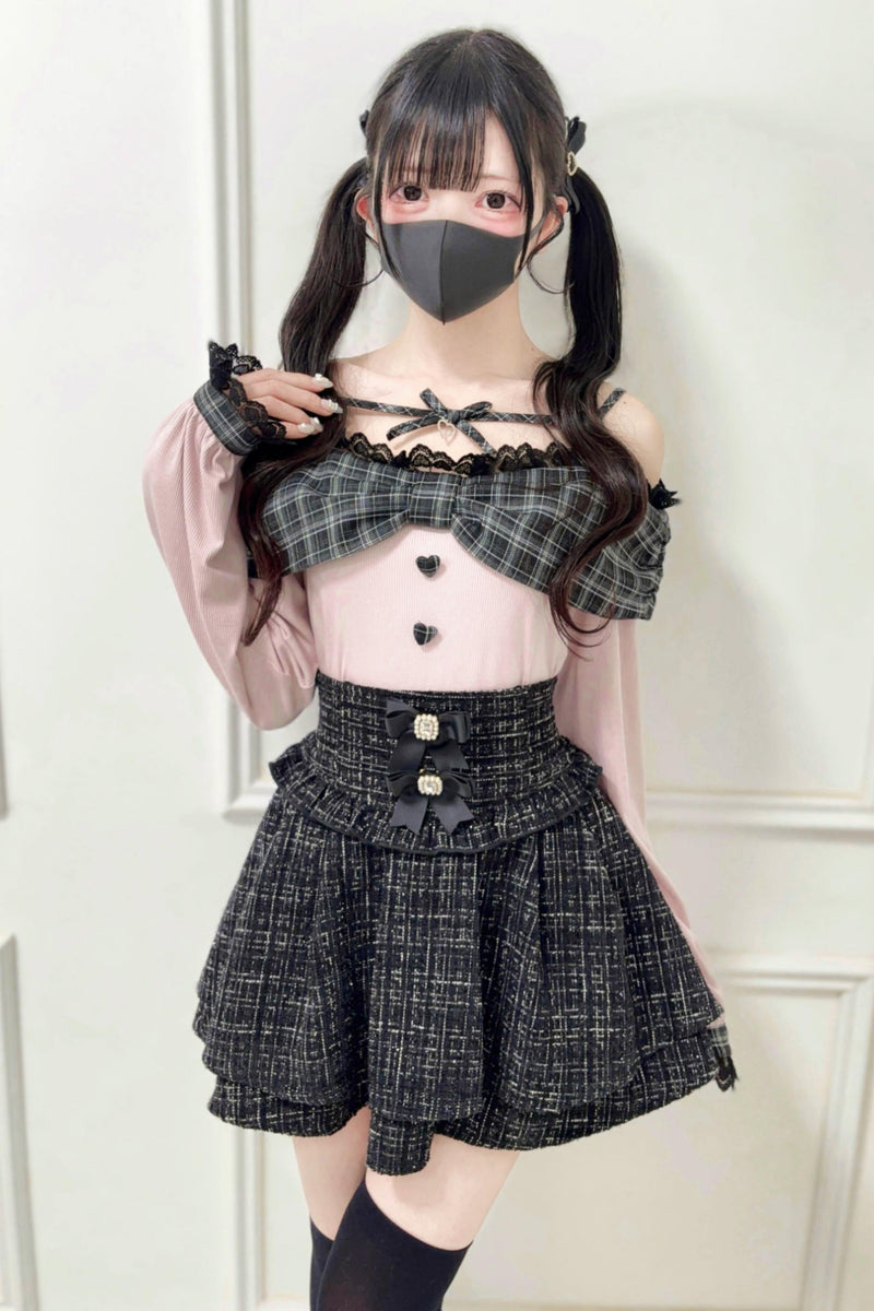 Off-shoulder Lace Ribbon Strap Knit Top