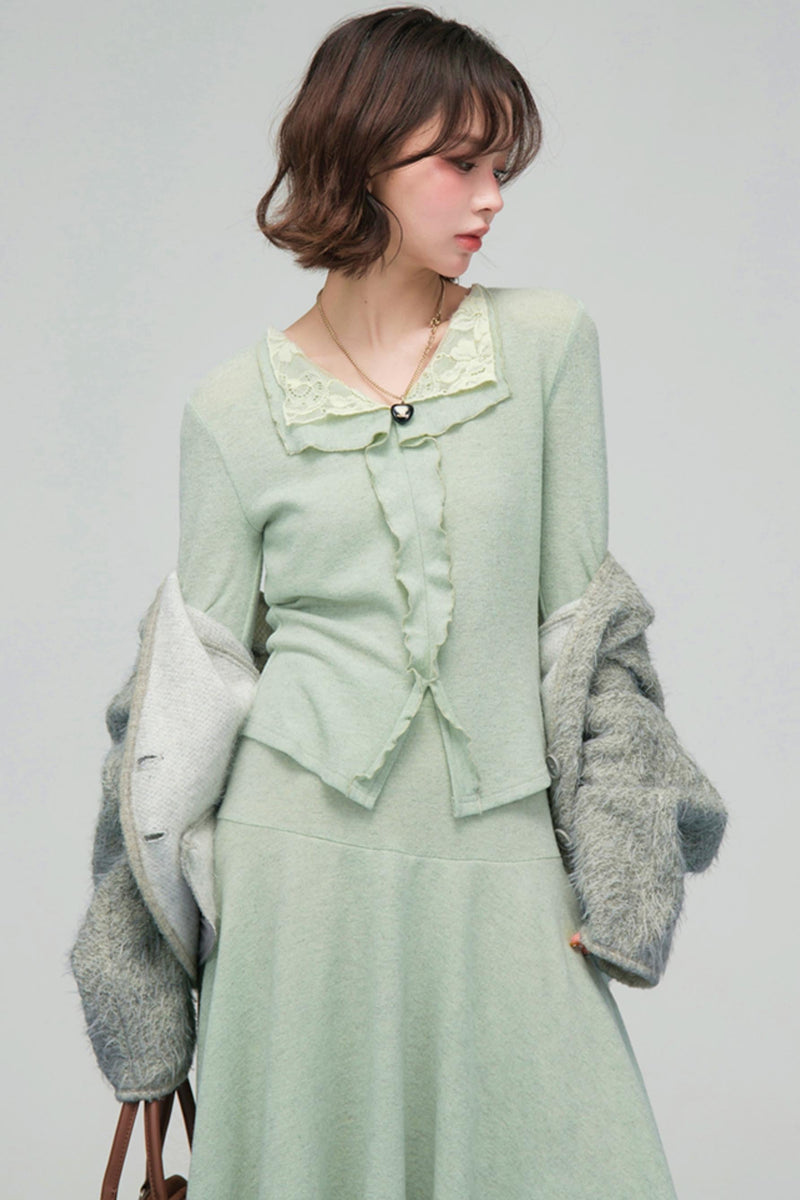 Lace Collar Knit Top + Asymmetrical Skirt