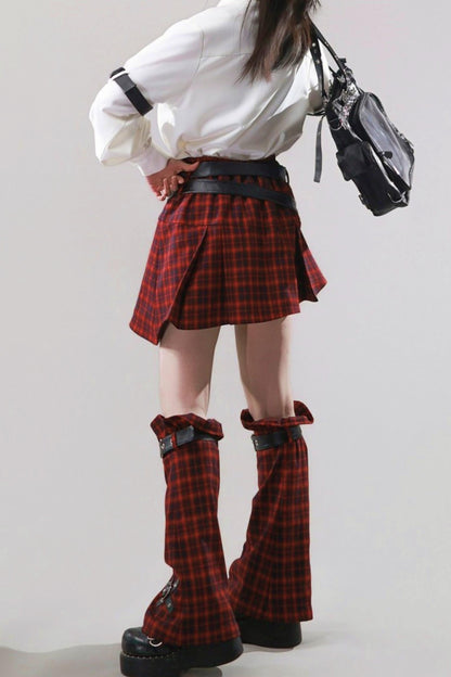 Diagonal Plaid Pleated Skirt + Leg Warmers