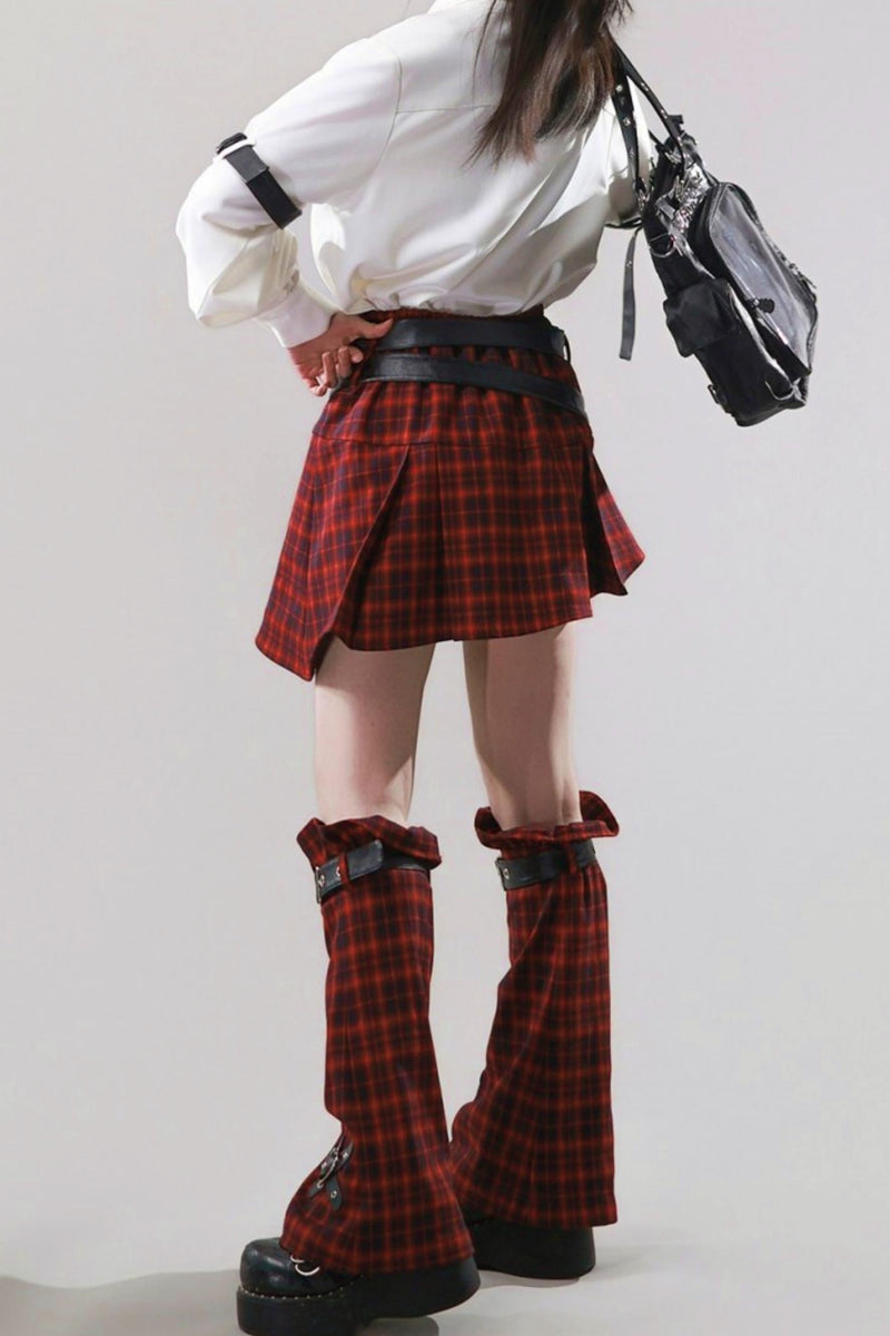 Diagonal Plaid Pleated Skirt + Leg Warmers