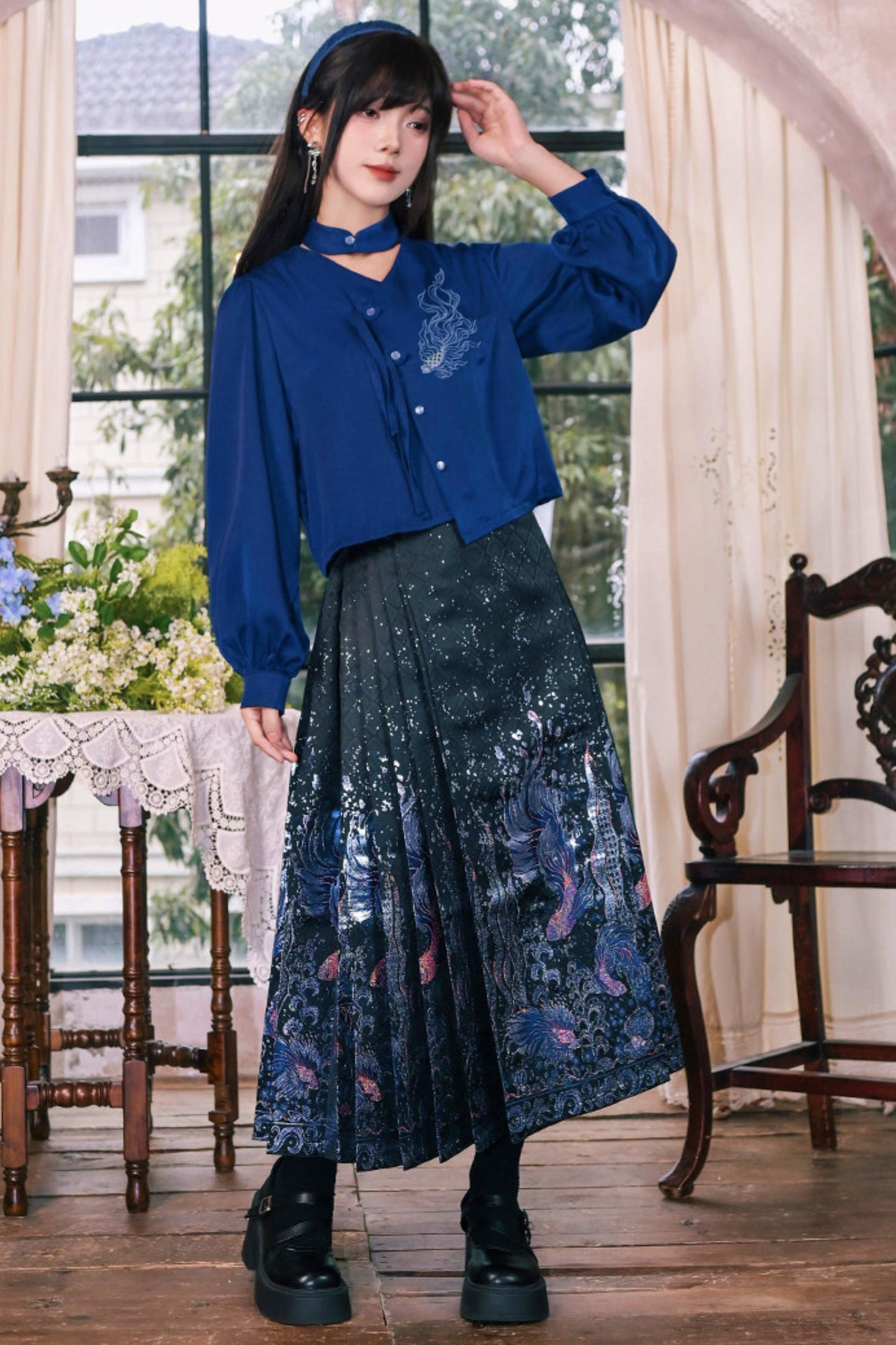 Embroidered Lantern Sleeve Blouse