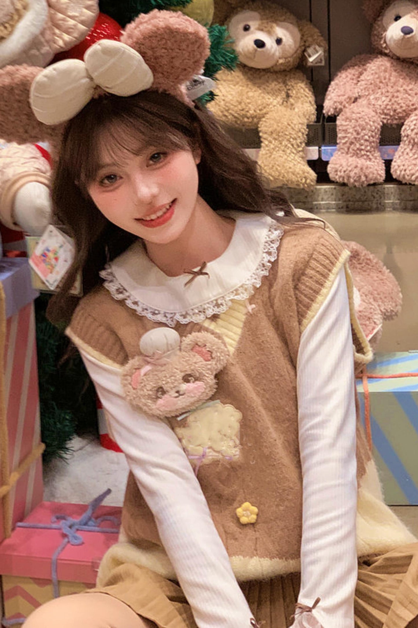 Sweet Bear Embroidered Knitted Vest + Cardigan