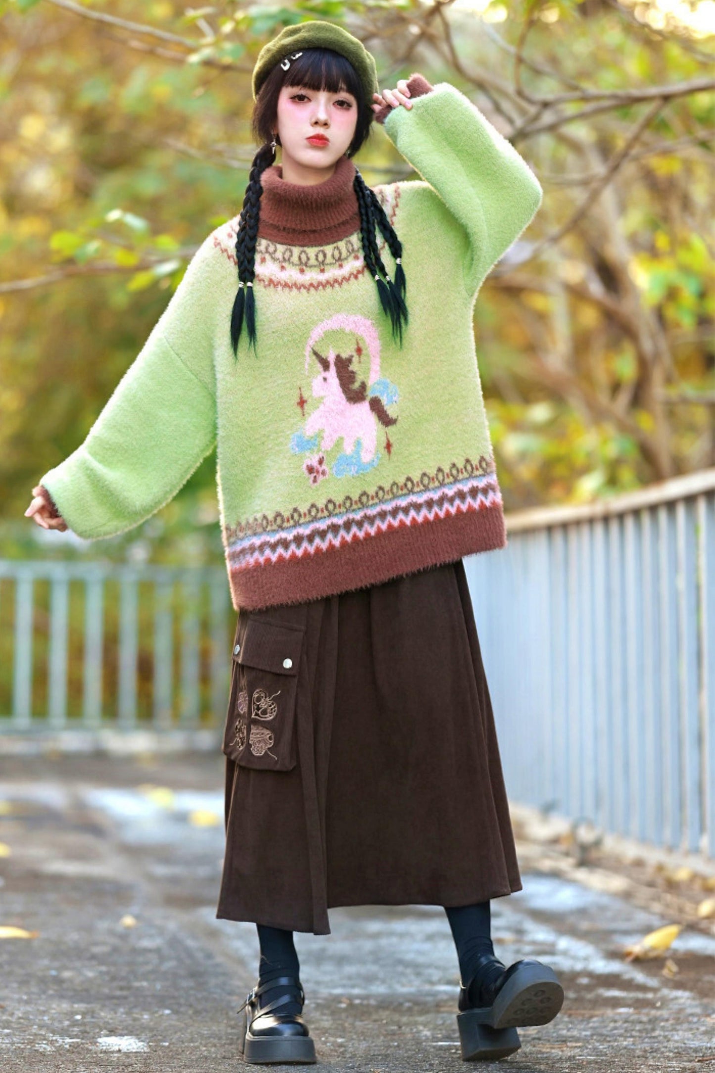 Four Pop Faux Fur Jacquard Sweater