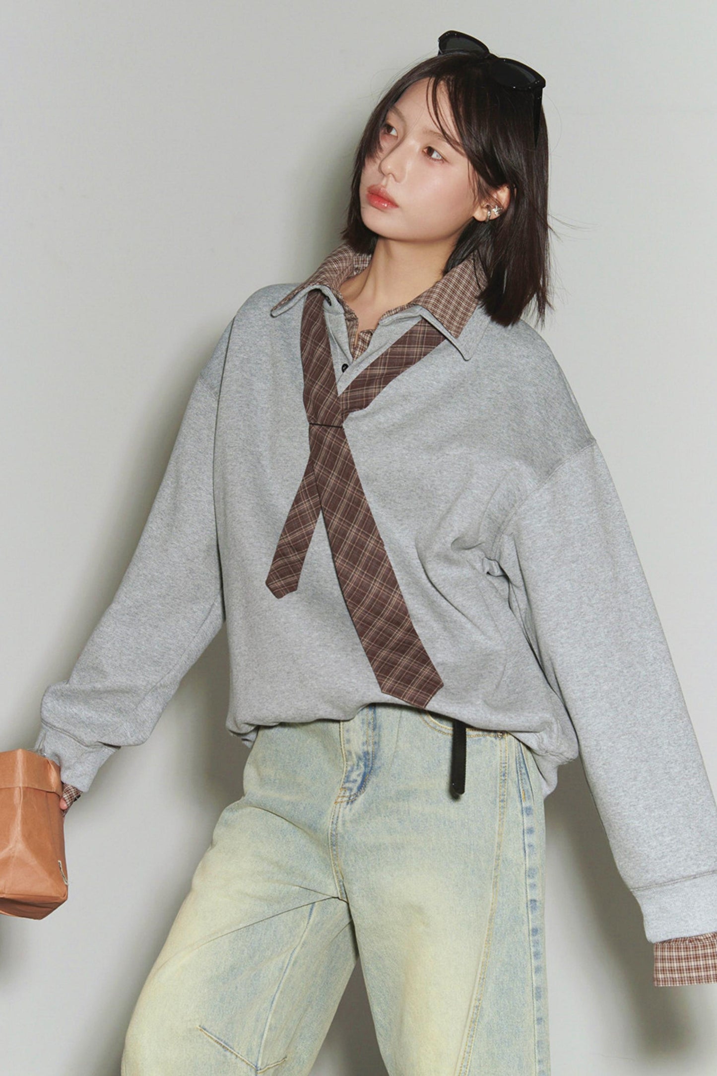 Plaid Patchwork Polo Sweatshirt