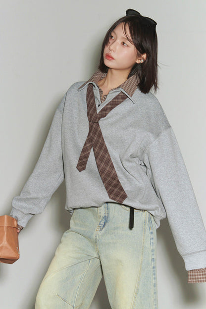 Plaid Patchwork Polo Sweatshirt
