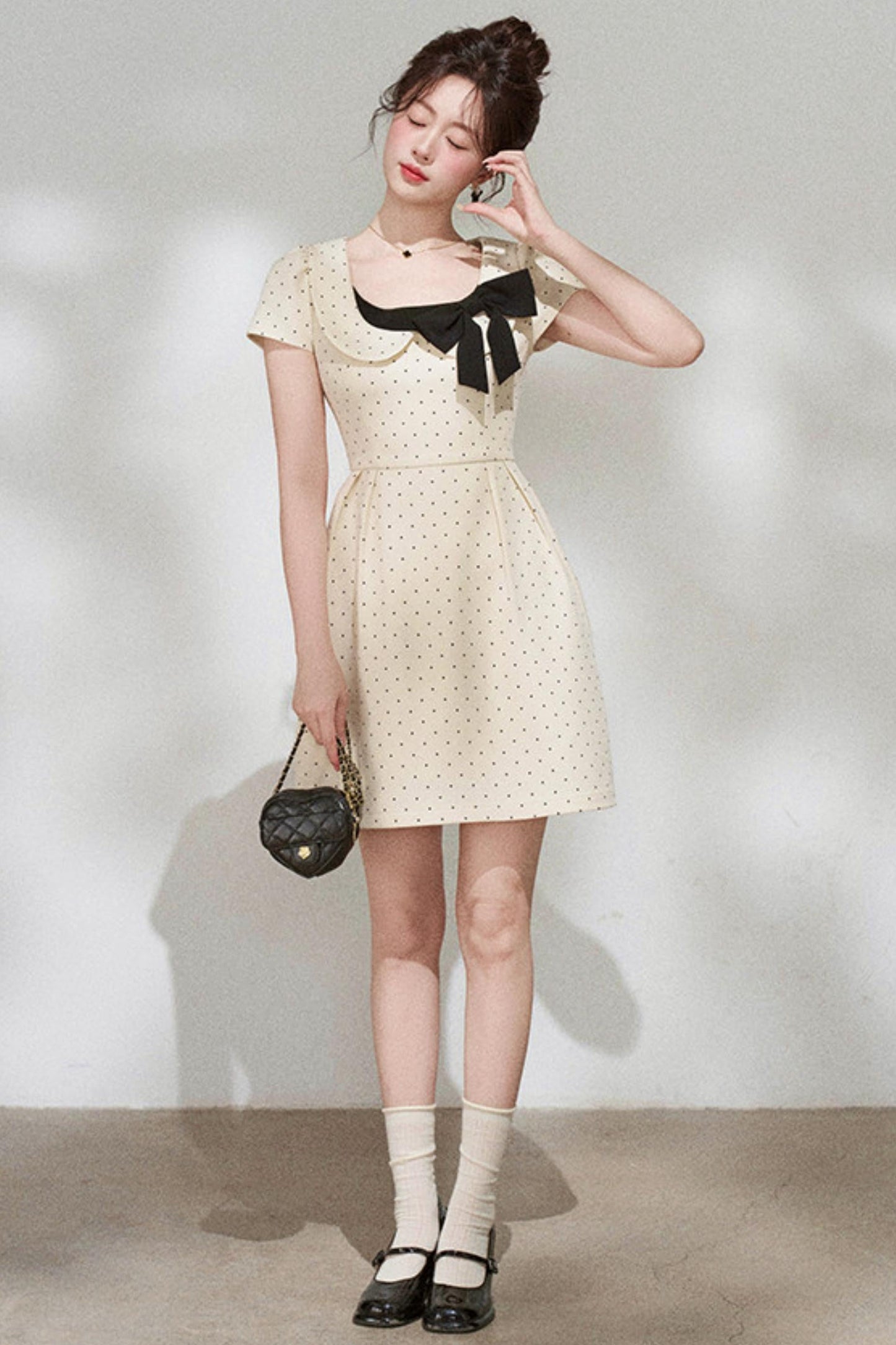 French Girly Ribbon Polka Dot Dress