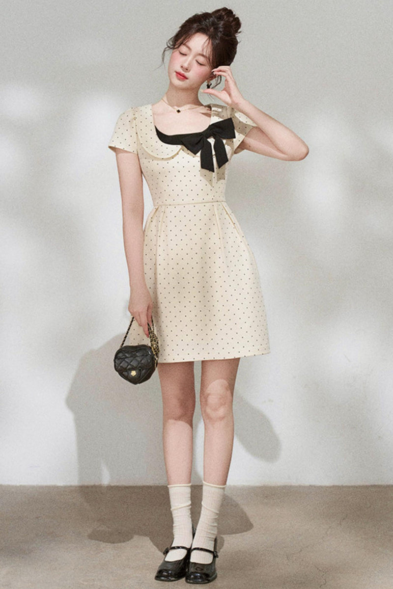 French Girly Ribbon Polka Dot Dress