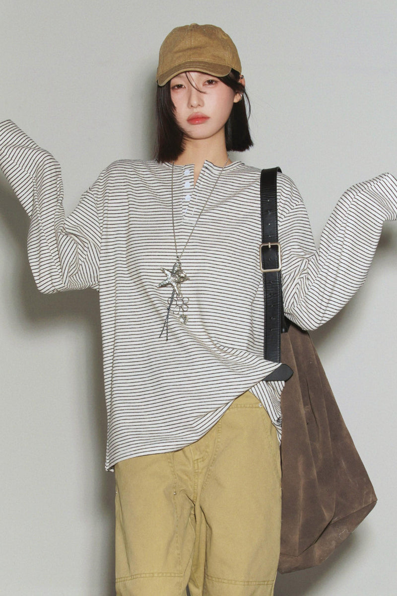 Loose Striped Button Neck Top