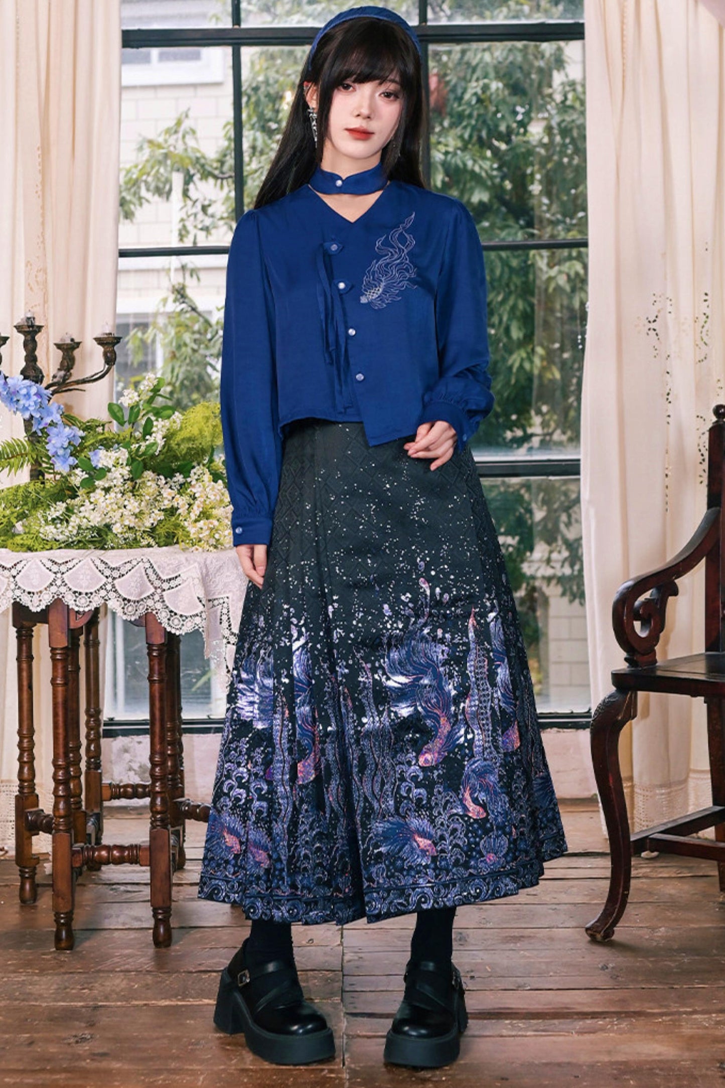 Embroidered Lantern Sleeve Blouse