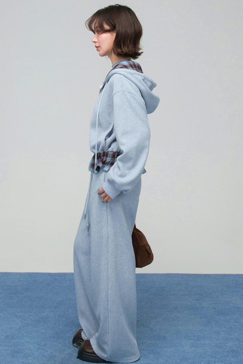Check Hooded Hoodie + Loose Pants