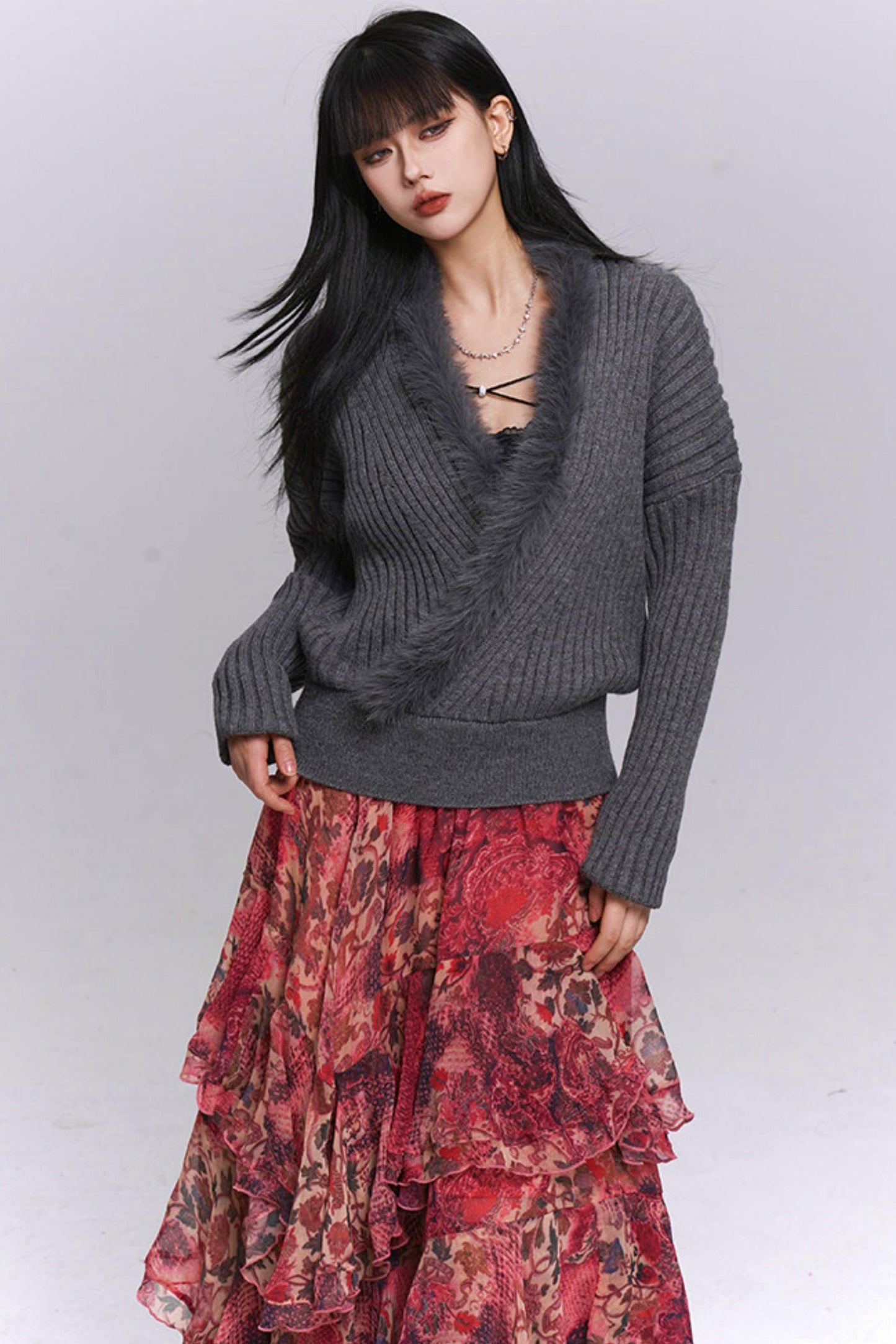 Soft Gray V-neck Knit Sweater