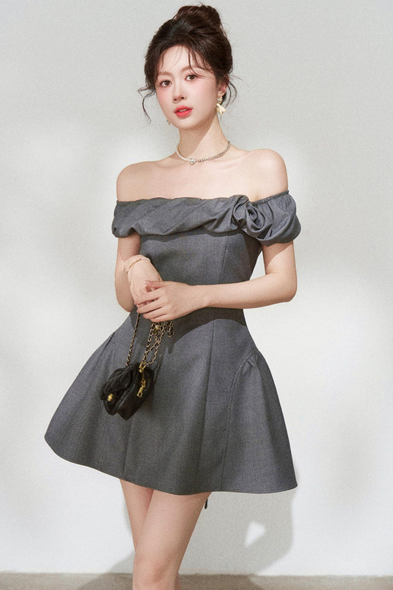 French Gray Off-shoulder Dress