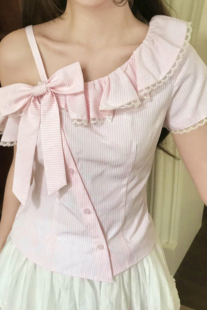 Fluffy Sweet Off-shoulder Ribbon Blouse + Skirt