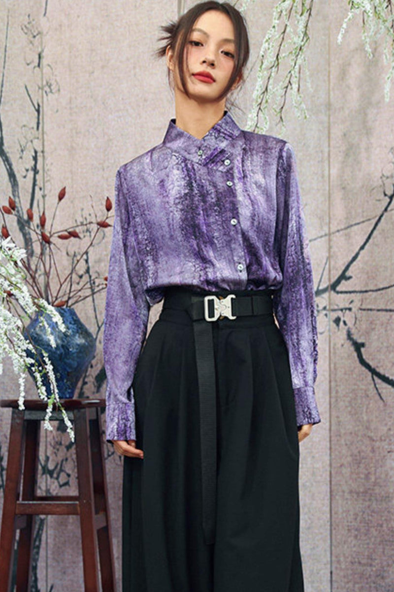Satin Retro Stand Collar Top