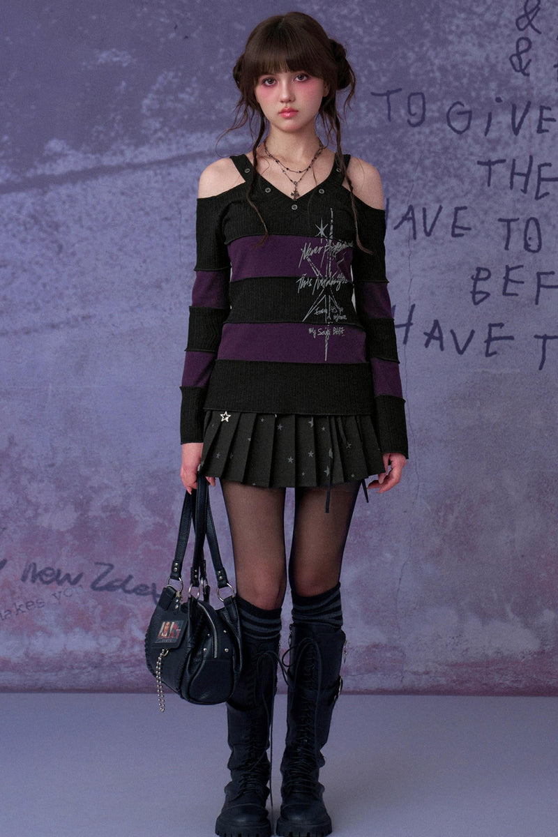 Black and Purple Off Shoulder Top