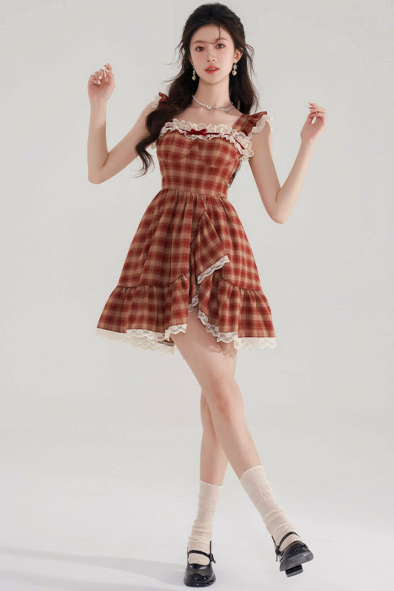 Sweet Red Plaid Lace Dress