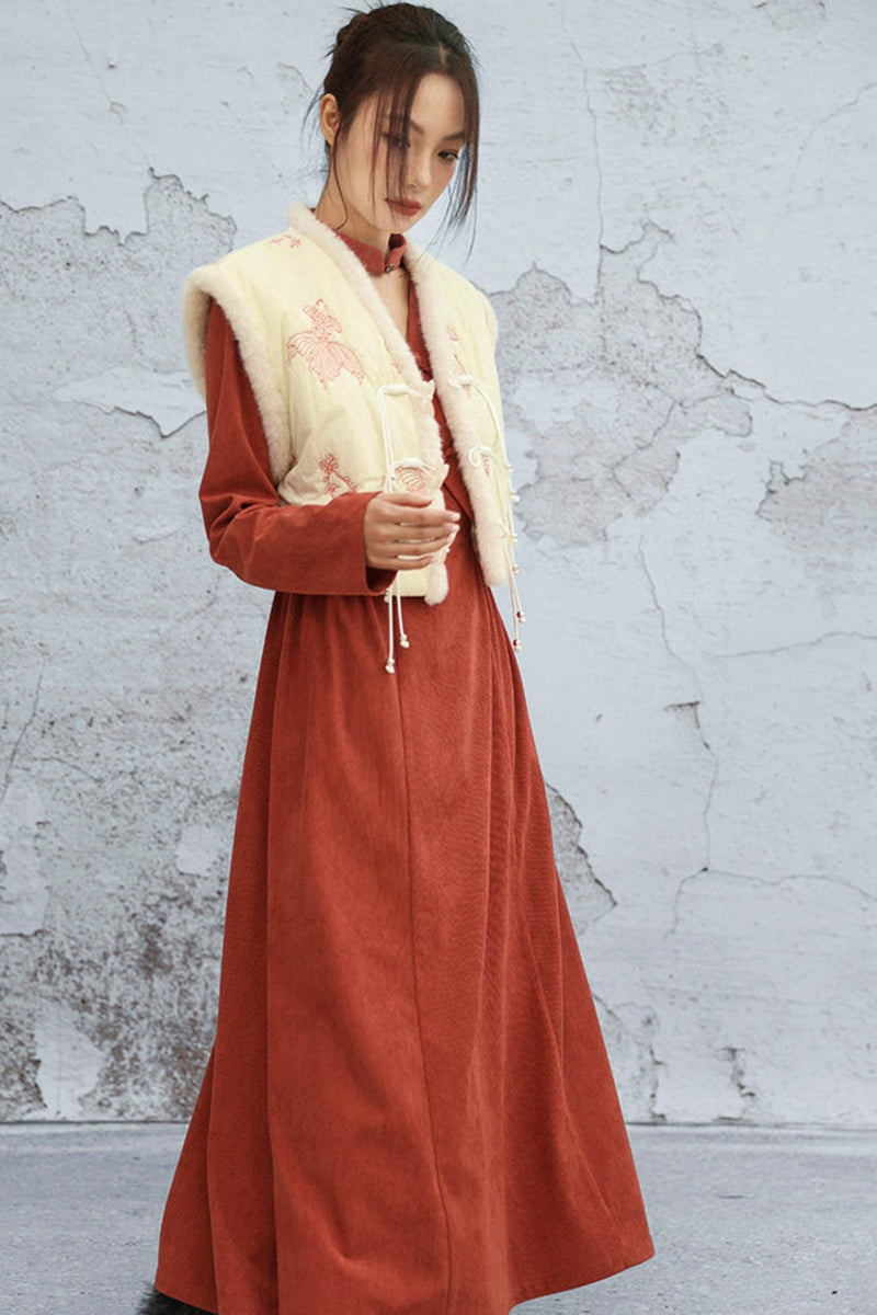 Retro Patchwork Corduroy Long Dress