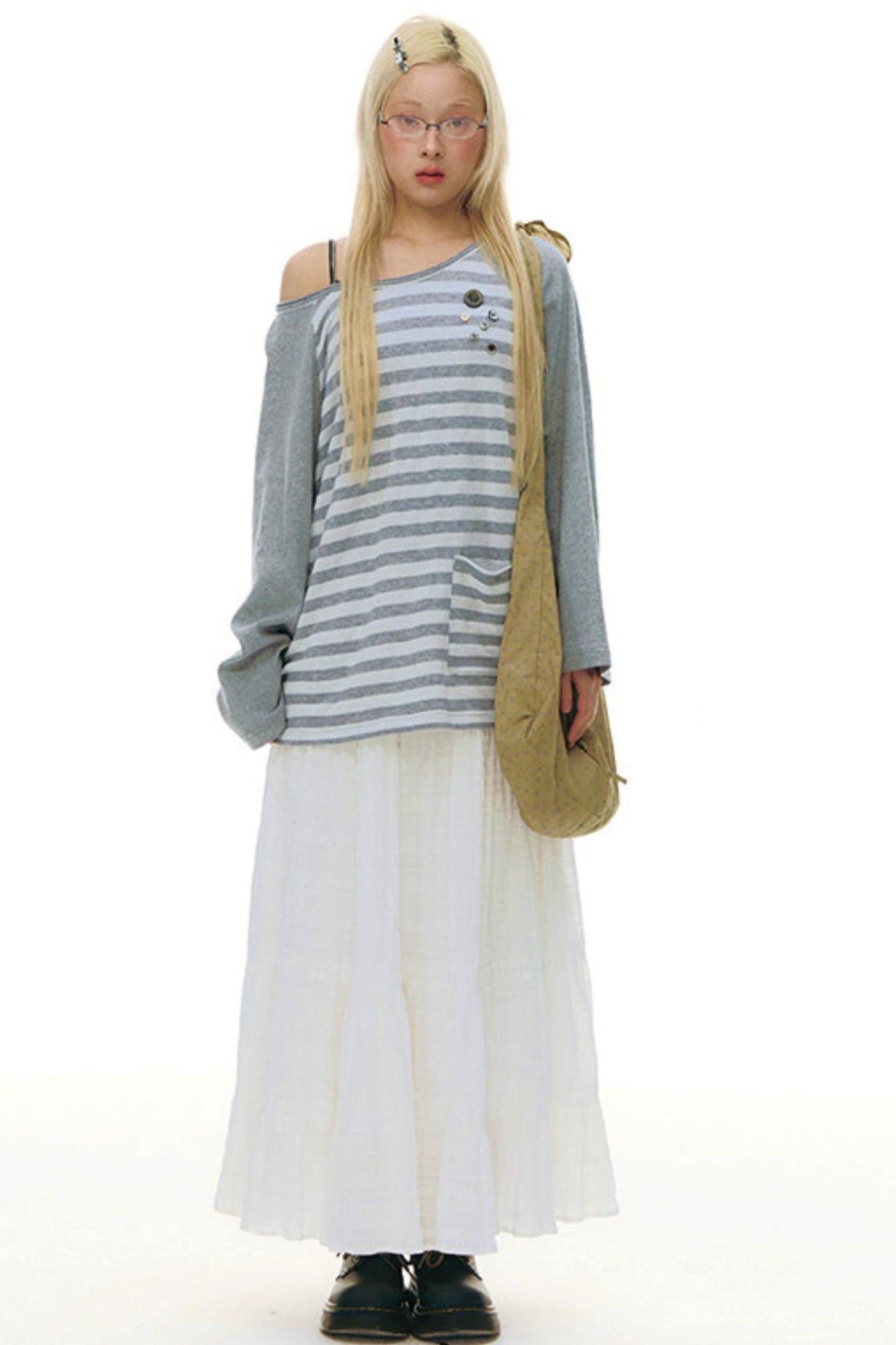 Button Striped Off-shoulder Top