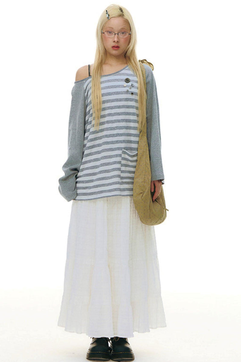 Button Striped Off-shoulder Top