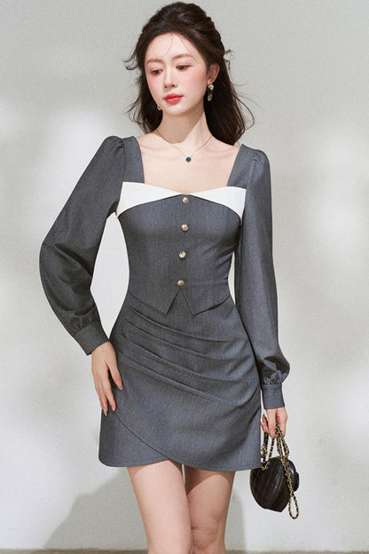 French Grey Square Neck Dress