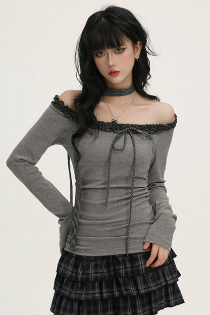 Off-shoulder Ruffle Ribbon Top (with Skinny Long Scarf)