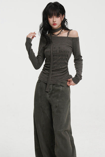 Striped One-shoulder Tie-neck Top