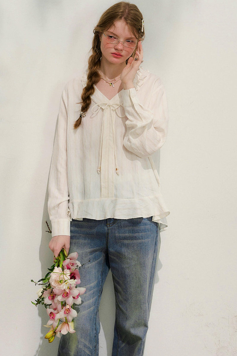 Striped Lace Sleeve Blouse
