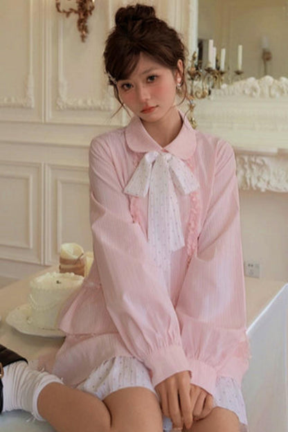 Lace Patchwork Doll Collar Blouse + Skirt