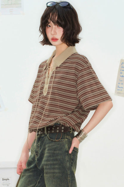 Striped Crop Polo Top
