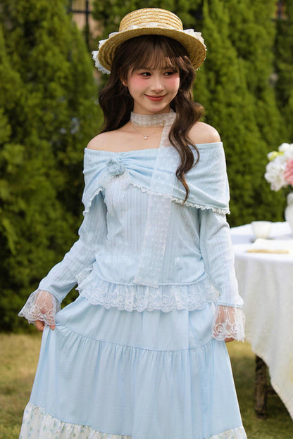 Lace Patchwork Off-shoulder Top + Long Skirt