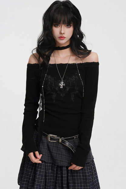 Dark Lace Off-shoulder Top (with Lace Long Scarf)