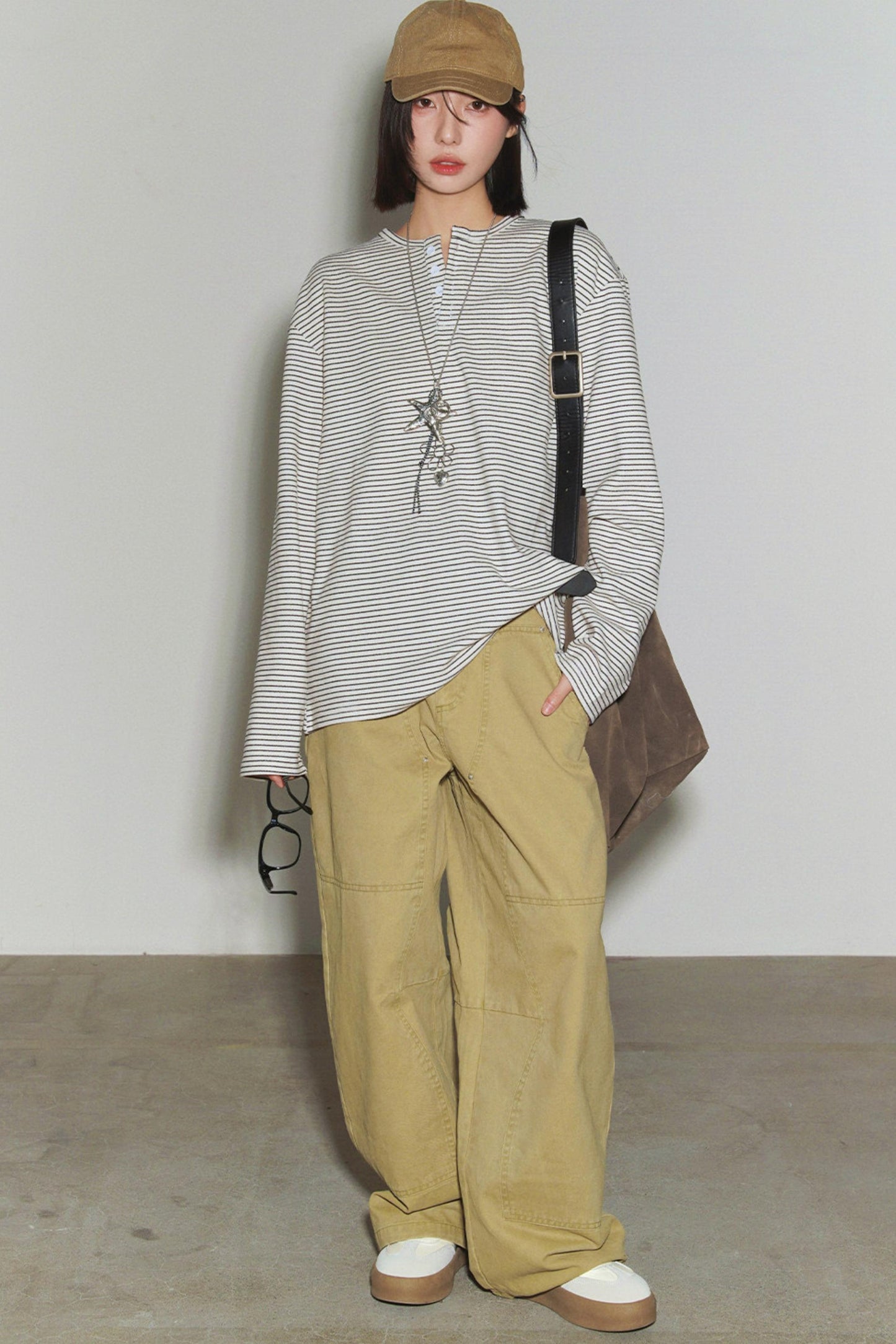 Loose Striped Button Neck Top