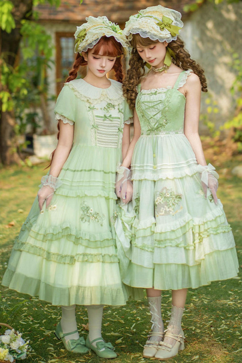 Green Embroidered Lolita One-piece Dress + Cardigan + Hat + Belt + Accessories