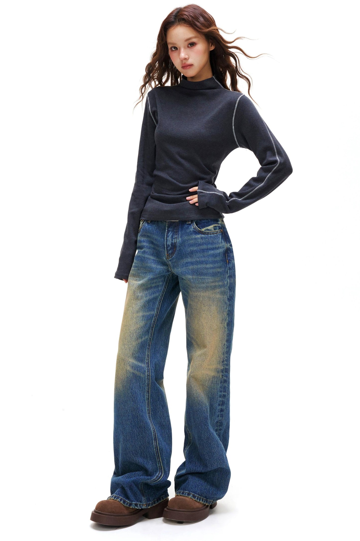 A-line Arm Turtleneck Tops