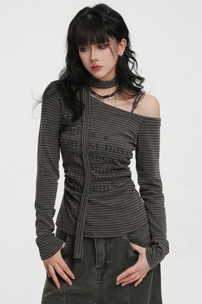 Striped One-shoulder Tie-neck Top