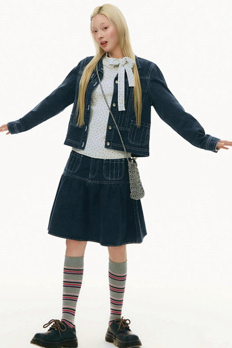 Pleated Denim Jacket + Skirt